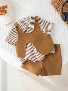 SHEIN 3pcs Baby Boy Preppy Style Outfit Set: Striped Shirt, Khaki Shorts, Suspender Pants, Bow Tie. Suitable For Birthday Party, Rave, Evening Party, Performance, Wedding, Baby Shower, 1st Birthday Celebration