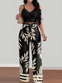 INAWLY 2pcs Women Floral Print Elastic Waist Strap Front Knot Loose Wide Leg Jumpsuit - Black - View 3