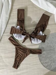 Swim Chiccia 2pcs Elegant Shiny Fabric Underwire Padded Tankini Top And Ruched Side Tie Bottoms Swimsuit Set - Coffee Brown - View 2