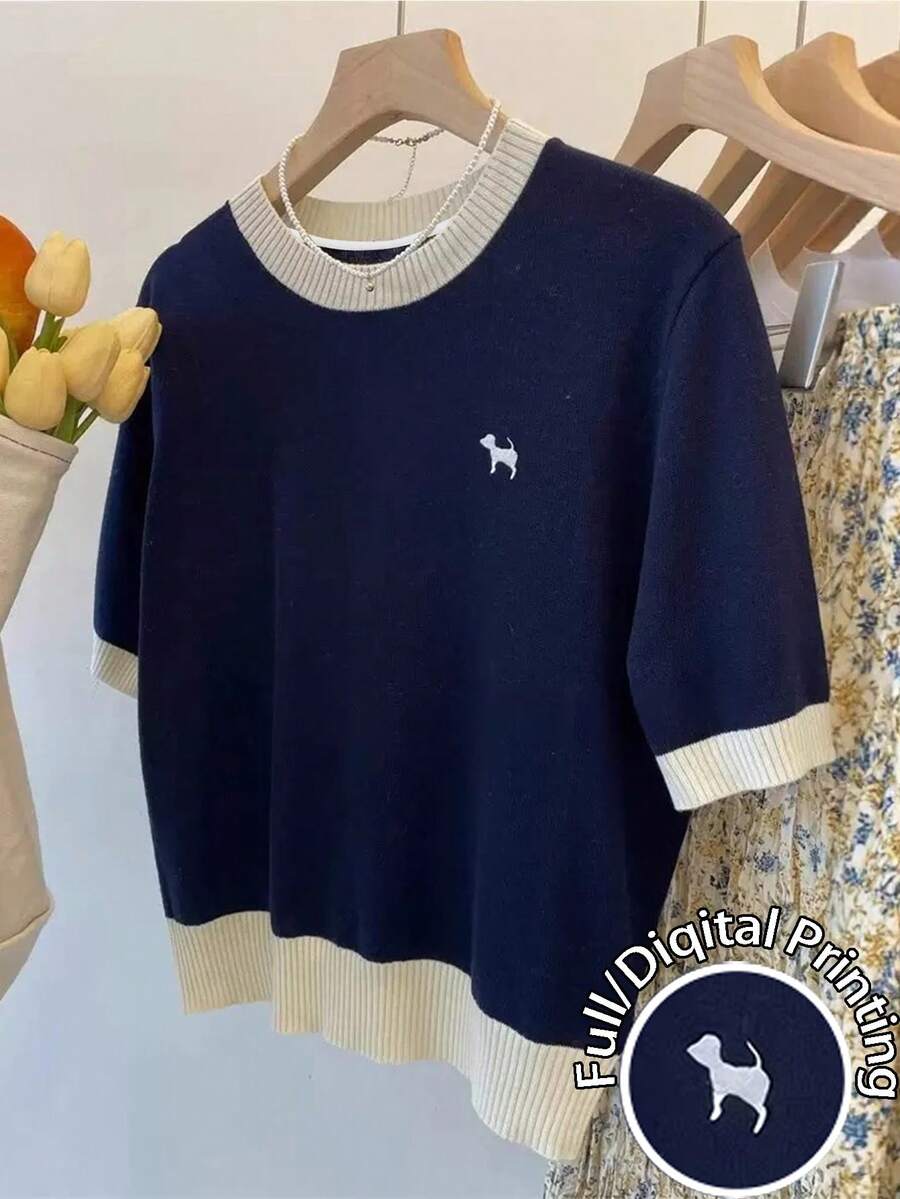 Resyla Fitted Cropped Round Neck Short Sleeve Top - Navy Blue - View 1