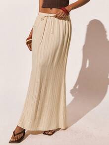 Poéselle 女士抽绳腰条纹长款休闲裙，夏季女士沙滩度假裙 - 杏色 - 查看 5