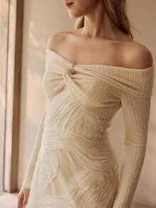 MOTF PREMIUM ONE-SHOULDER DRESS, ROMANTIC & ELEGANT TEXTURED FABRIC, TWIST DETAIL, LONG SLEEVE, WAIST-CINCHING, GRACEFUL & LADYLIKE DRESS - Apricot - View 2