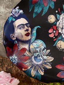 Frida Kahlo X SHEIN 双层升级版护发帽，宽弹力缎面睡眠帽，柔软舒适，适合日常居家和睡眠佩戴，黑色花卉印花，夏季穿搭，春季穿搭，海滩度假，花朵图案