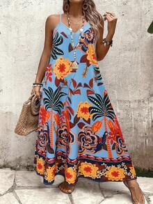 EMERY ROSE 大码女式印花宽松吊带长裙，休闲日常穿着，通勤，约会，度假，夏季 - 淺藍色 - 查看 6