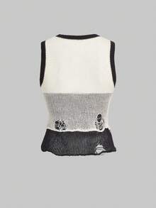 ROMWE Grunge Punk Sexy Hollow Out Contrast Color Knitted Sweater For Women - Multicolor - View 2