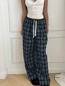 SHEIN EZwear 女士格子抽绳宽松休闲裤 - 黑與白 - 查看 3