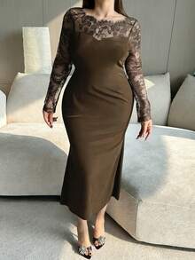 Dazy Plus Plus Size Women's Velvet Contrast Lace Bodycon Party Dress, Sexy & Stretchy For Dates - Khaki - View 4