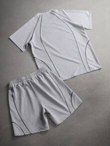 STYNVO 男士休闲撞色拼接短袖T恤短裤套装，夏季男士灰白套装短裤T恤套装，男士夏季套装 - 灰色 - 查看 2