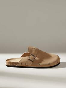 Solecia 女士新款平底套脚鞋，半包式拖鞋，采用绒面革PU材质，饰有铆钉，适合外出、购物、通勤和休闲穿着。 - 棕色 - 查看 1