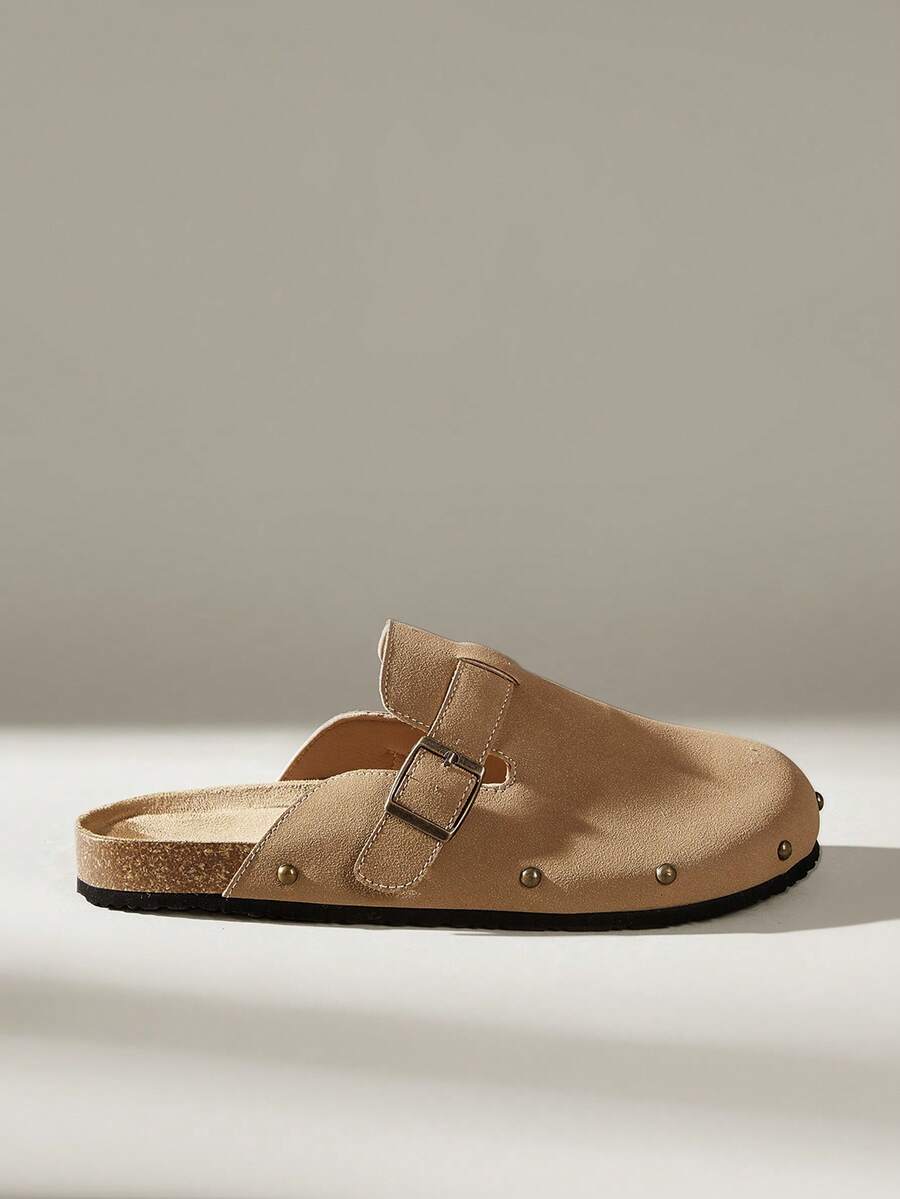 Solecia 女士新款平底套脚鞋，半包式拖鞋，采用绒面革PU材质，饰有铆钉，适合外出、购物、通勤和休闲穿着。 - 棕色 - 查看 1