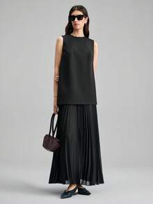 Ontre 2026 Spring/Summer New Black Camisole Dress Chiffon Pleated Flared Midi Dress, Suitable For Modern Urban Parties, Back-To-School Season, Urban Minimalist Casual Daily Wear, Bohemian Style, Vacation, Festivals, Spring. Valentine's Day Carnival Outfit, Women's Beach Party Elegant - Black - View 3