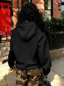 Rovax 女士休闲字母爱心印花卫衣，秋季款 - 黑色 - 查看 2