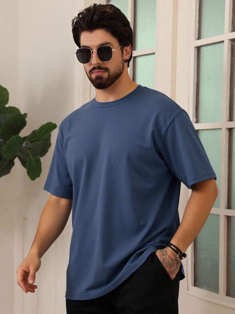 Men's Solid Crew Neck T-Shirt, Navy Blue, Summer
