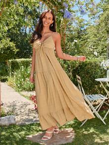 KARISMINA Solid Color Woven Fitted A-Line Dress For Women, Spring/Summer Vacation - Apricot - View 5