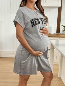 SHEIN 夏季孕妇休闲字母印花蝙蝠袖连衣裙 - 灰色 - 查看 6