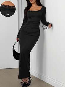 SHEIN EZwear Đầm midi dệt kim đen dài tay ren tương phản dành cho nữ - màu đen - Xem 8