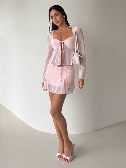 Aloruh 女士纯色粉色荷叶边长袖系带衬衫和荷叶边半裙两件套，秋冬款