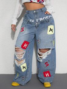 ROMWE Street Life Spring / Summer Y2K Casual Street Style Embroidered Pocket Design Dual Waistband Plus Size Loose Fit Denim Jeans - Light Wash - View 5
