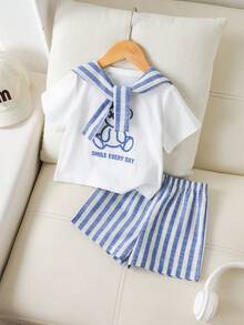 SHEIN 3pcs Baby Boy Summer Casual Vacation Cute Blue & White Striped Shawl, White Bear Graphic T-Shirt, And Blue & White Striped Casual Shorts - Multicolor - View 9