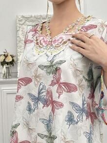 Yasmyna Butterfly Print V-Neck Long Sleeve Loose Arabic Style Dress - Multicolor - View 1