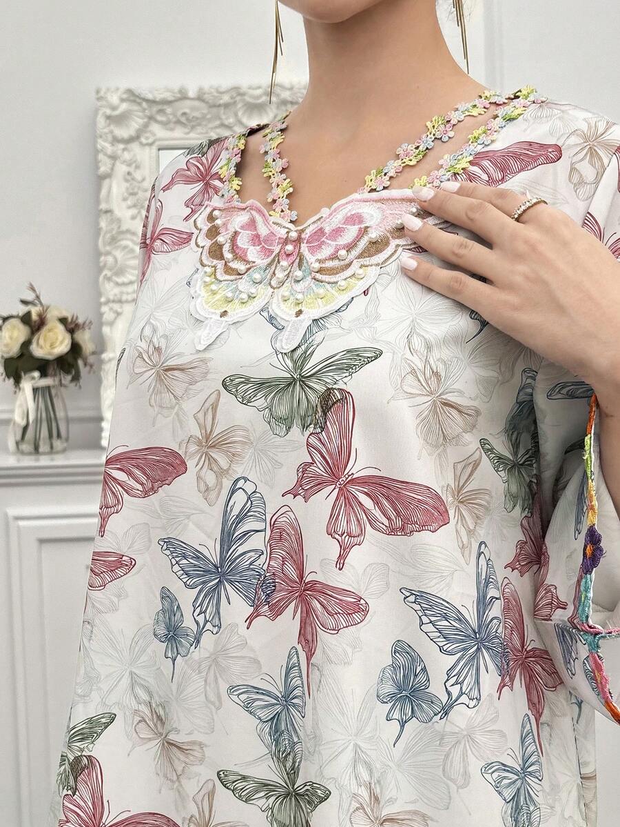 Yasmyna Butterfly Print V-Neck Long Sleeve Loose Arabic Style Dress - Multicolor - View 1