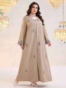 Al Najma Áo choàng Abaya dài tay thêu hoa dành cho nữ cỡ lớn, kiểu dáng thường ngày. - Màu Khaki - Xem 6