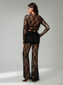 SHEIN Tall 女士性感透视黑色蕾丝上衣和蕾丝裤套装（2件套），时尚设计，春夏款 - 黑色 - 查看 2
