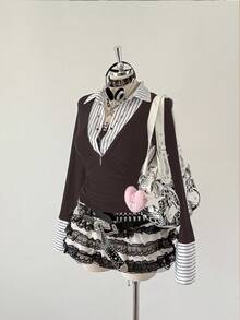 Sunspun Plus Size Patchwork 2 In 1 Casual T-Shirt, Autumn/Winter Feminine Whimsical Fashion Tea Party Women European Style Feminine Whimsical Fashion Tea Party Women European Style