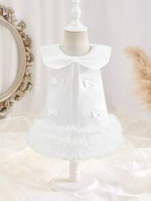 SHEIN Baby Girls' Cute Layered Ruffle Collar Sleeveless Mesh Dress With Bow Tie, Comfortable & Soft, Elegant For Spring/Summer Outings And Gifts, Suitable For 6 Months - 3 Years Old - White - View 9