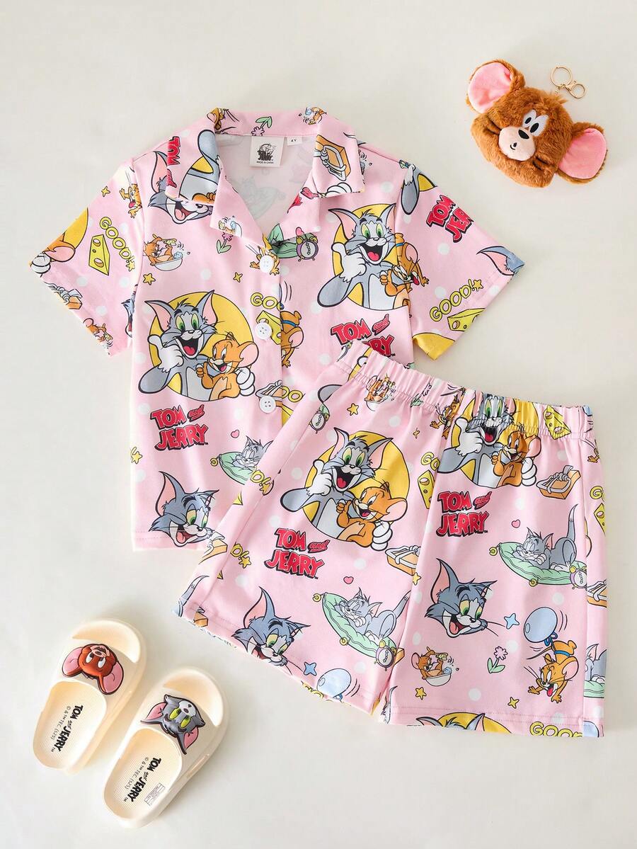 TOM & JERRY X SHEIN 女童夏季可爱卡通字母图案翻领短袖衬衫和短裤睡衣套装 - 粉色 - 查看 1
