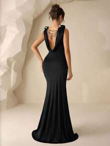 Coutiva Women's Elegant Black Solid V-Neck Ruched Shoulder 3D Floral Decor Fitted Formal Evening Gown,Fishtail Sequin Long Dress For Wedding,Gala&Party - Black - View 6