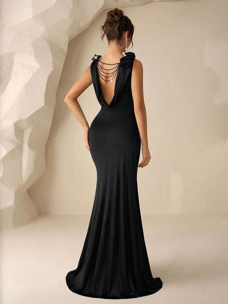 Coutiva Women's Solid Color V-Neck Ruched Shoulder 3D Floral Decor Elegant Waist Fitted Formal Evening Gown Fishtail Dress Valentines Dress Elegant Dress Sequin Dress Floral Dress Black Formal Evening Gown Gala Dress Elegant Black Long Formal Dress Sexy Dinner Dress Curve Formal Evening Gown - Black - View 6