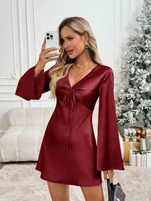 Easowa Đầm ngắn nữ cổ chữ V thắt nơ tay loe eo dáng chữ A, kiểu dáng thoải mái, thanh lịch, phù hợp đi làm, phong cách retro mùa thu/đông. - Màu Đỏ Sâu - Xem 7