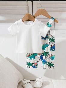 SHEIN 2pcs/Set Newborn Baby Boy Cotton Knit Short Sleeve T-Shirt & Dinosaur Printed Overalls, Casual Everyday Wear For Summer Indoor Outdoor,Baby Overalls,Newborn , Unisex Baby Clothes 0M-9M Baby Boy Clothes Summer Dinosaur Overalls Baby Boy Summer Romper Baby Boy Dinosaur Romper Baby Boy Clothes Dinosaur - Multicolor - View 4