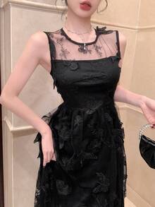 DAZY Đầm dài không tay cổ tròn ren hình bướm thanh lịch dành cho nữ, đầm maxi mùa hè. - màu đen - Xem 5