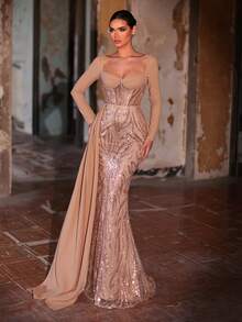 Aureia 优雅奢华的串珠亮片花卉拼接弹力针织美人鱼长裙，侧开衩长袖，适合婚礼、派对、度假、盛大晚宴等场合（重工装饰） - 卡其色 - 查看 6