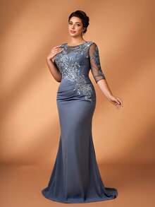 Serin Váy dài tay cổ tròn đính hạt xếp nếp đính sequin màu xám sang trọng thanh lịch cỡ lớn, thích hợp cho tiệc tối, hẹn hò, dạ hội, đám cưới, tiệc chia tay thời con gái - Màu xám đen - Xem 11