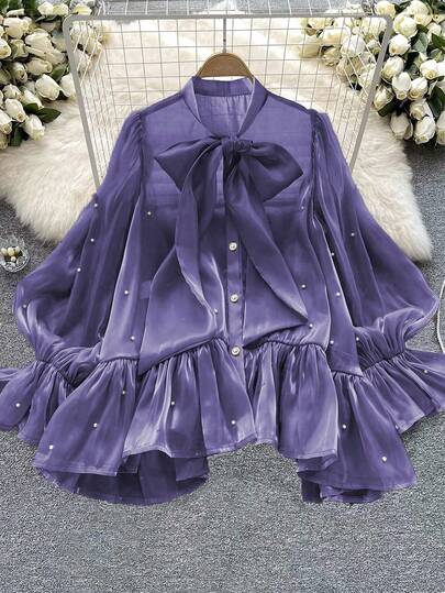 Rometta 大码女式串珠蝴蝶结喇叭袖衬衫 紫色衬衫 淡紫色衬衫 荷叶边衬衫 女式衬衫 蝴蝶结领衬衫 荷叶边下摆衬衫 荷叶边袖衬衫 女式衬衫