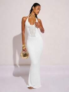 COSMINA Đầm midi nữ thanh lịch, móc len, cổ chữ V sâu, thích hợp cho kỳ nghỉ. - trắng - Xem 1