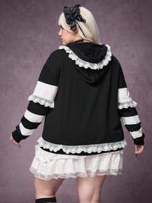 ROMWE Plus Size Women Gothic Lace Spider Web Patchwork Sweatshirt, Autumn/Winter Plus Size Hooded Pullover - Black - View 3