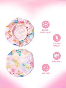 SHEIN X Care Bears 粉色爱心彩虹云朵印花双层护发帽，宽弹力缎面睡帽，柔软舒适，适合日常居家佩戴 - 粉色 - 查看 3
