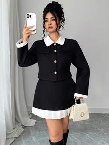 Elenzga Plus Size Women Elegant Contrast Color Long Sleeve Single-Breasted Jacket And Midi Skirt Set - Black and White - View 5