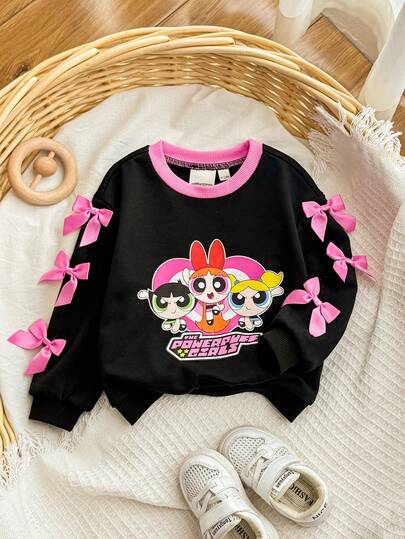 THE POWERPUFF GIRLS X SHEIN 女婴休闲时尚可爱卡通字母印花撞色蝴蝶结装饰落肩宽松圆领卫衣，春秋季