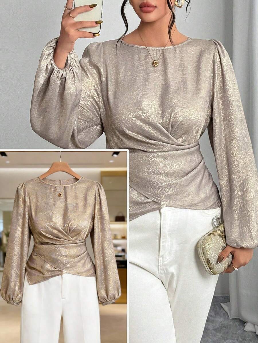 Feyla Plus Size Solid Color Minimalist Casual Round Neck Long Sleeve Shirt Metallic Blouse Puff Sleeve Blouse - Apricot - View 1