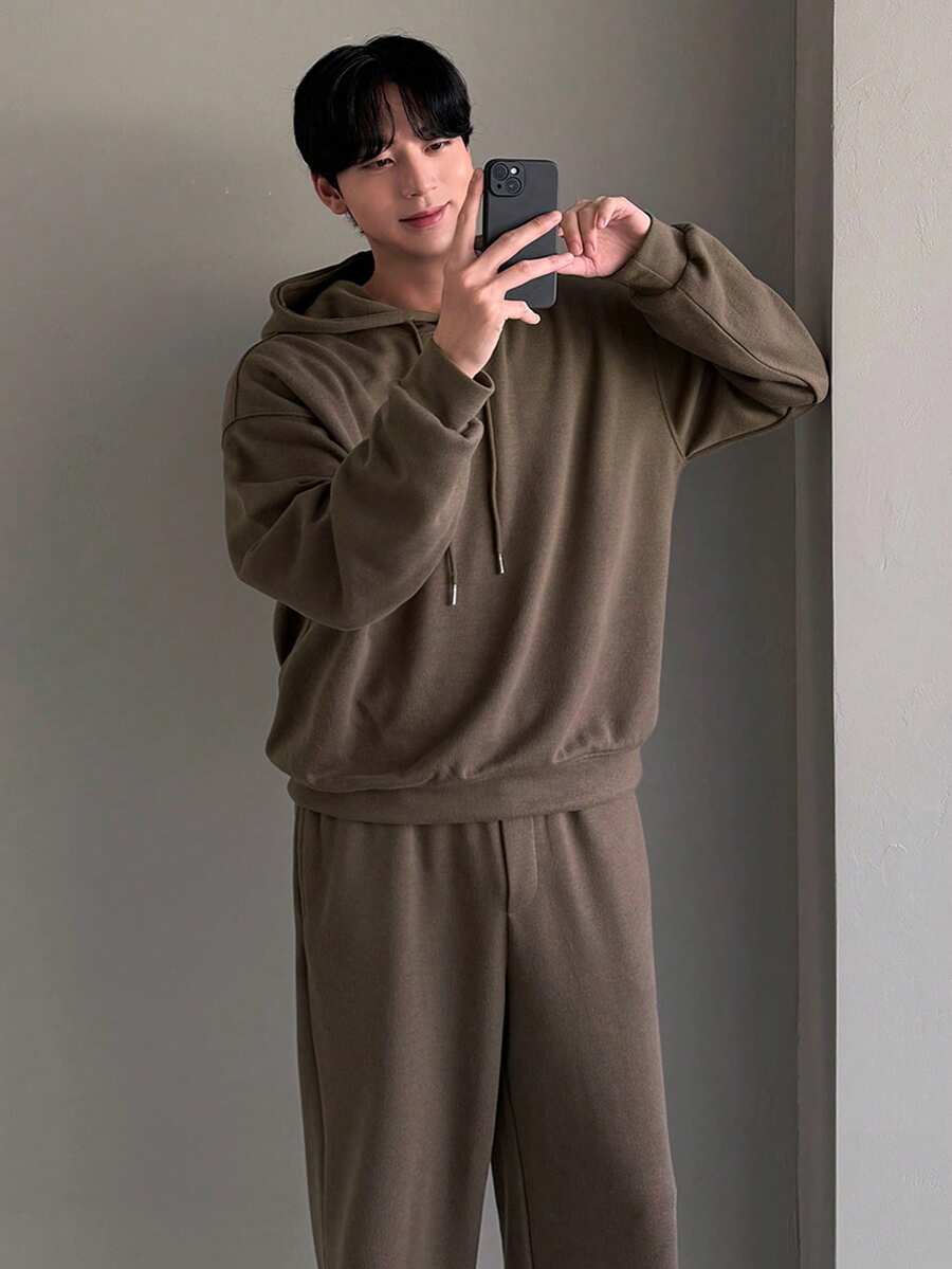 DAZY Men's Loose Fit Coffee Brown Hoodie Set, Autumn - Coffee Brown - View 1
