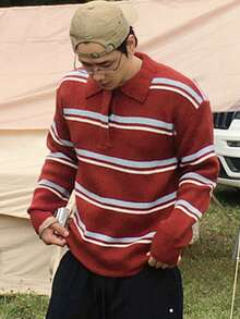 DAZY Spring Men's Striped Polo Neck Sweater With Red Base And Blue & Yellow Stripes - Multicolor - View 3