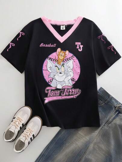 TOM & JERRY X SHEIN Büyük Beden Günlük Çizgi Film Desenli V Yaka Kısa Kollu Yazlık Tişört