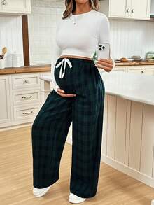 SHEIN Maternity Clothes Maternity Pants Summer Pregnant Clothes Maternity Casual Everyday Plaid Wide-Leg Pants - Green - View 1