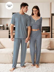 SHEIN 男士条纹圆领短袖T恤和裤子两件套，休闲家居服 - 藍白色 - 查看 4