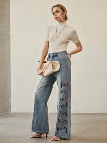 MOTF PREMIUM 夏季镂空刺绣高腰阔腿牛仔裤 - 藍色 - 查看 5